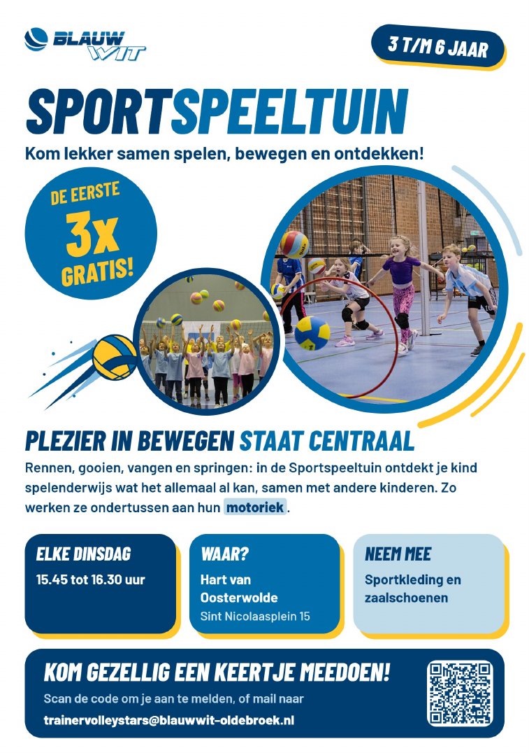 Flyer Sportspeeltuin: 3 t/m 6 jaar, elke dinsdag 15.45 tot 16.30 uur in Hart van Oosterwolde, de eerste 3x gratis